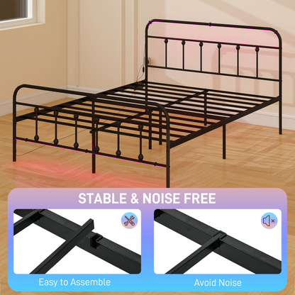 HOMCOM King Bed Frame with LED Lights and Charging Station, Black