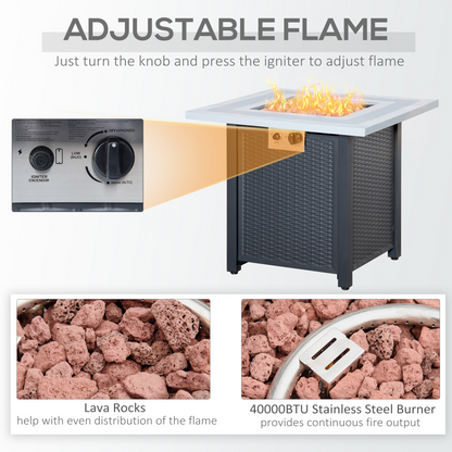 Square Propane Gas Fire Pit Table Rattan Smokeless Heater with Lava Rocks & Lid