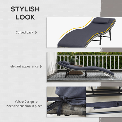 Outsunny Folding Rattan Sun Lounger Outdoor Chair with Cushion and Pillow, Grey
