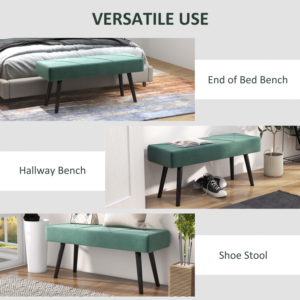 HOMCOM End of Bed Bench, Upholstered Hallway Bedroom with Steel Legs, Green