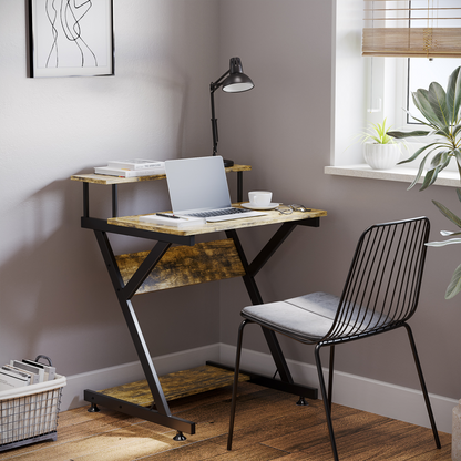 Computer Desk with Monitor Shelf and Storage, R Shaped Brown