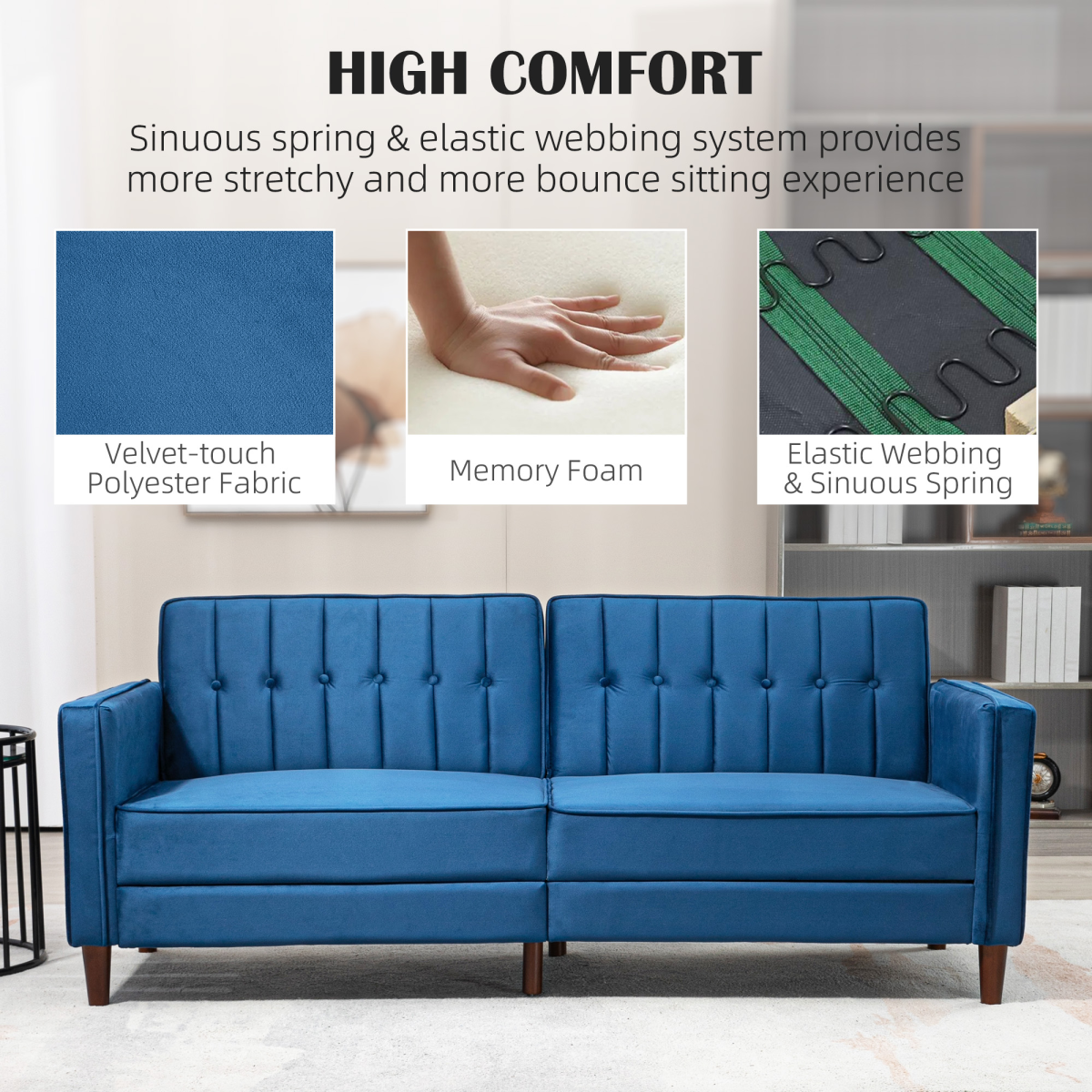 HOMCOM Convertible Sofa Futon Velvet-Touch Tufted Couch Sofa Bed Split Back Blue