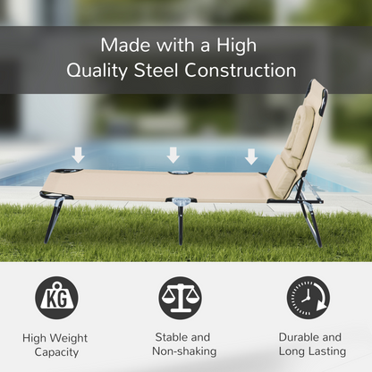 Sun Lounger Foldable Reclining Chair & Reading Hole Recliner Adjustable, Beige