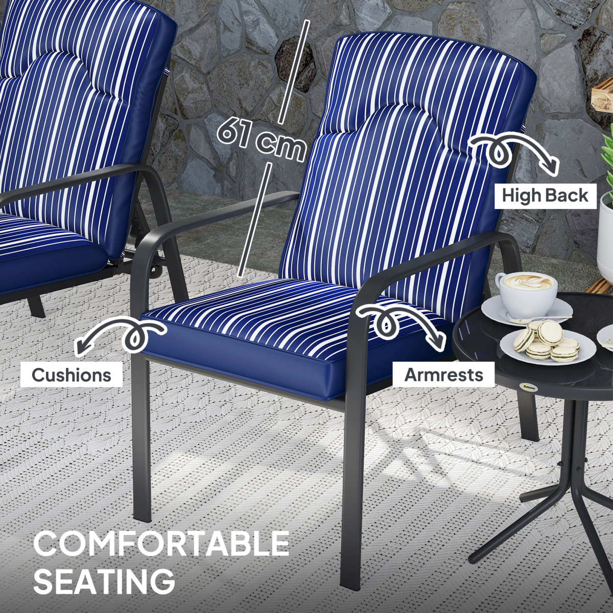 Outsunny 3-Piece Recliner Garden Chairs and Tempered Glass Table Set, Blue