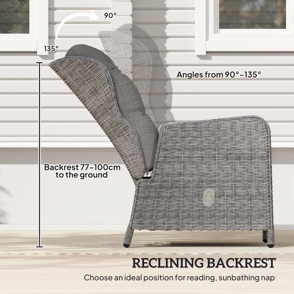 Outsunny Recliner Rattan Garden Furniture w/ Two-tier Table, Light Grey