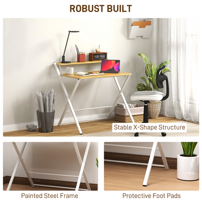 HOMCOM Folding Desk with 2-Tier Shelf for Home Office, Maple Wood-effect