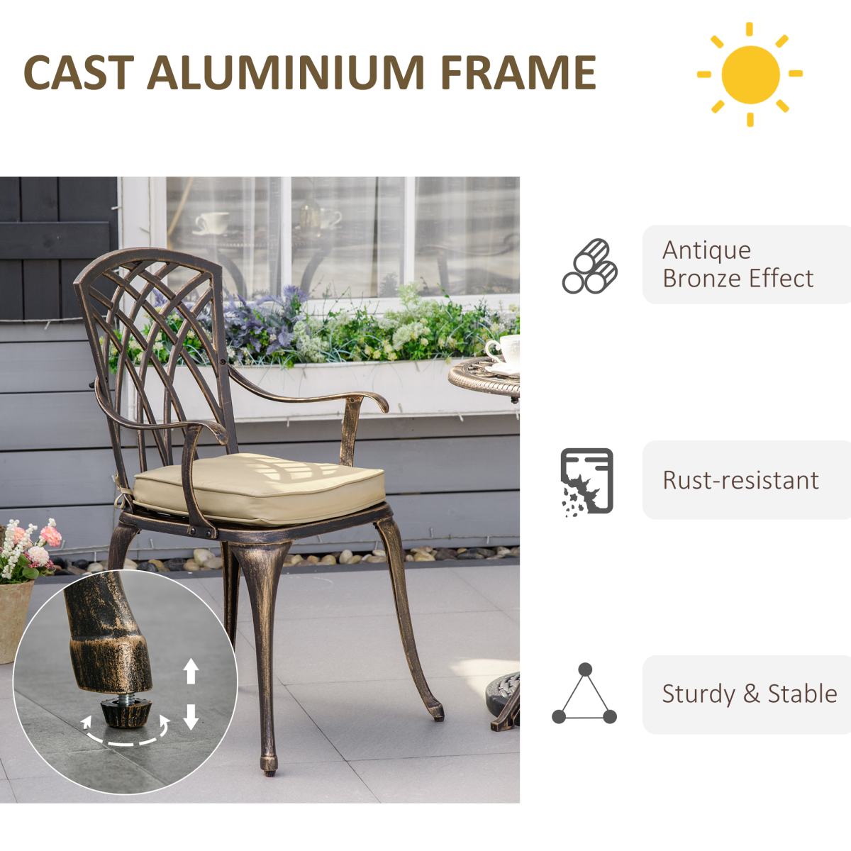 3Pc Cast Aluminium Garden Bistro Set for 2 Parasol Hole, Cushions Bronze