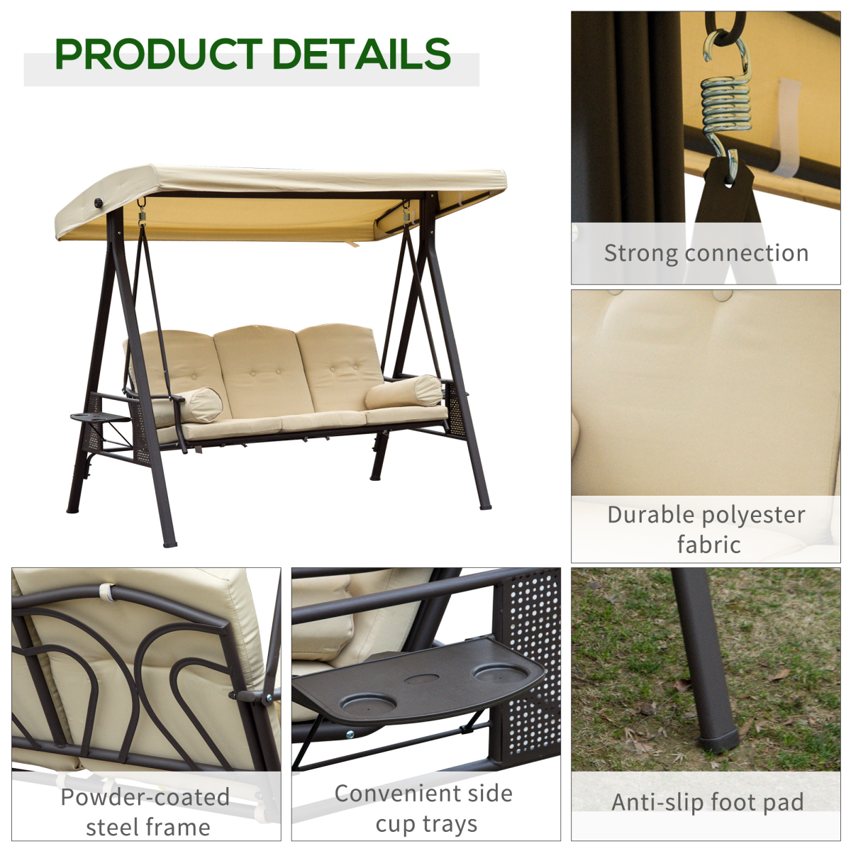 Steel Swing Chair Hammock Garden 3 Seater Canopy Cushion Shelter Beige