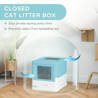 PawHut Hooded Cat Litter Box, Pet Toilet w/ Scoop, Tray - Light Blue