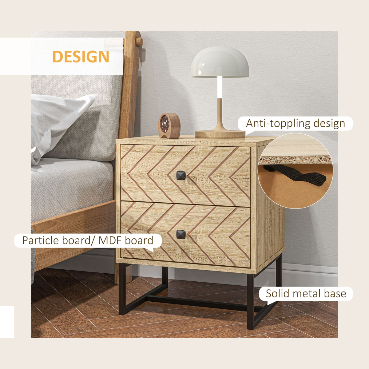 Bedside Table 2 Drawer Unit  Zig Zag Design w/ Black Metal Handles