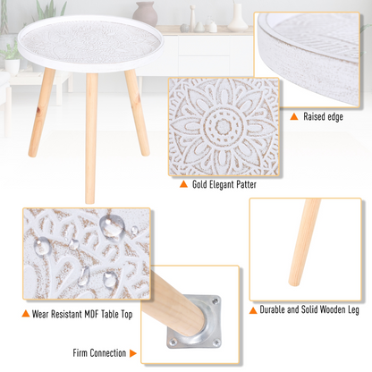Pine Wood Floral Etched Side Table w/ Saucer Top White