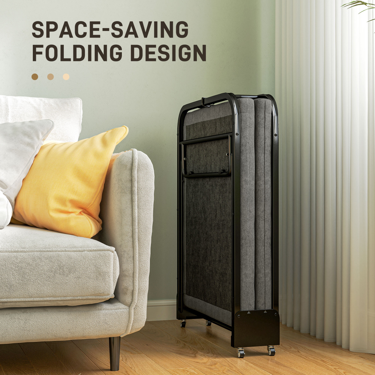 HOMCOM Single Folding Bed with Mattress Foldable Guest Bed on Wheels, Grey