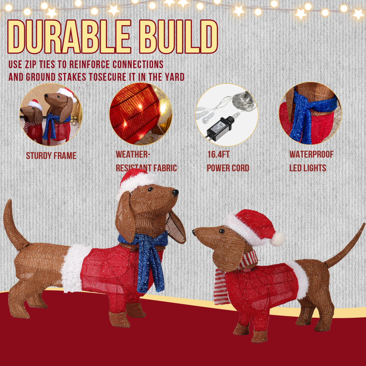 Set of 2 Lighted Dachshund Dog Christmas Decorations, Pre-lit Holiday Decor with 115 Warm White LED Lights for Xmas Outdoor Indoor Decor Lighted Holiday Displays, Brown