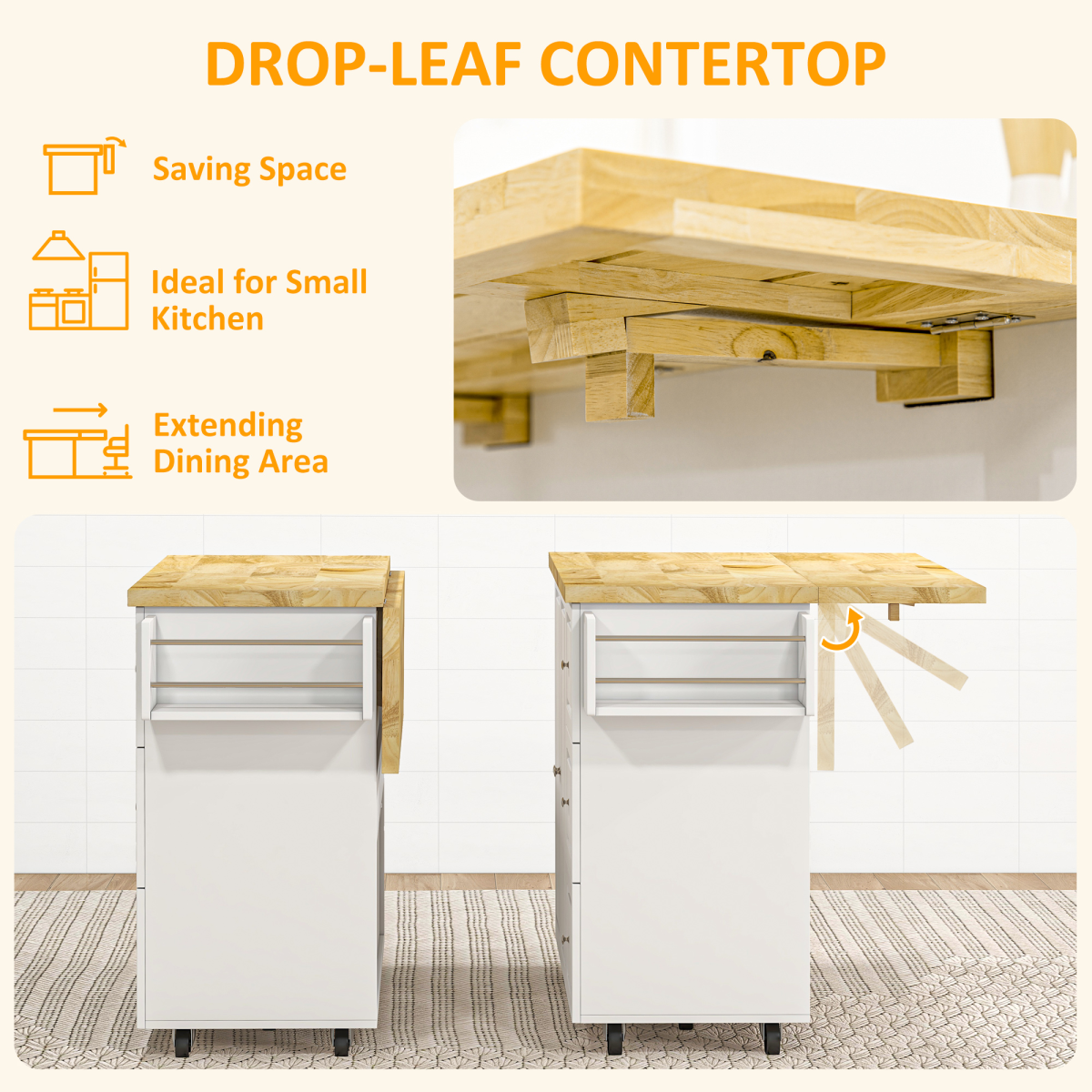 Drop-Leaf Kitchen Island on Wheels Utility Storage Cart with Drawers & Cabinet