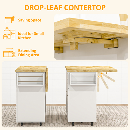 Drop-Leaf Kitchen Island on Wheels Utility Storage Cart with Drawers & Cabinet