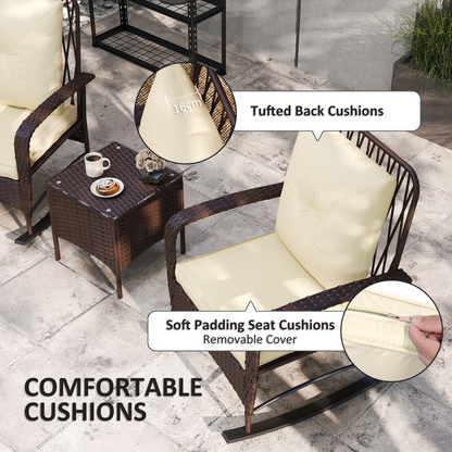 Outsunny Rattan Bistro Set Balcony Furniture with Rocking Chairs, Brown