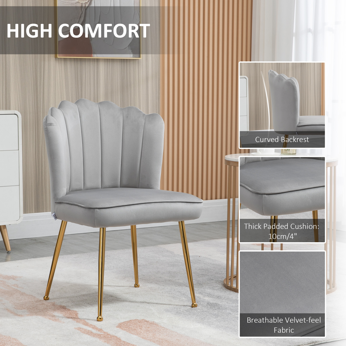 Velvet-Feel Shell Luxe Accent Chair Home Bedroom Lounge Metal Legs Grey