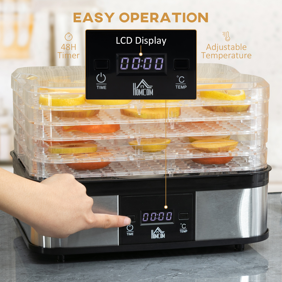 5 Tier Food Dehydrator 245W Stainless Steel Food Dryer Machine Timer LCD Silver