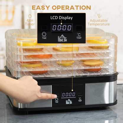 5 Tier Food Dehydrator 245W Stainless Steel Food Dryer Machine Timer LCD Silver