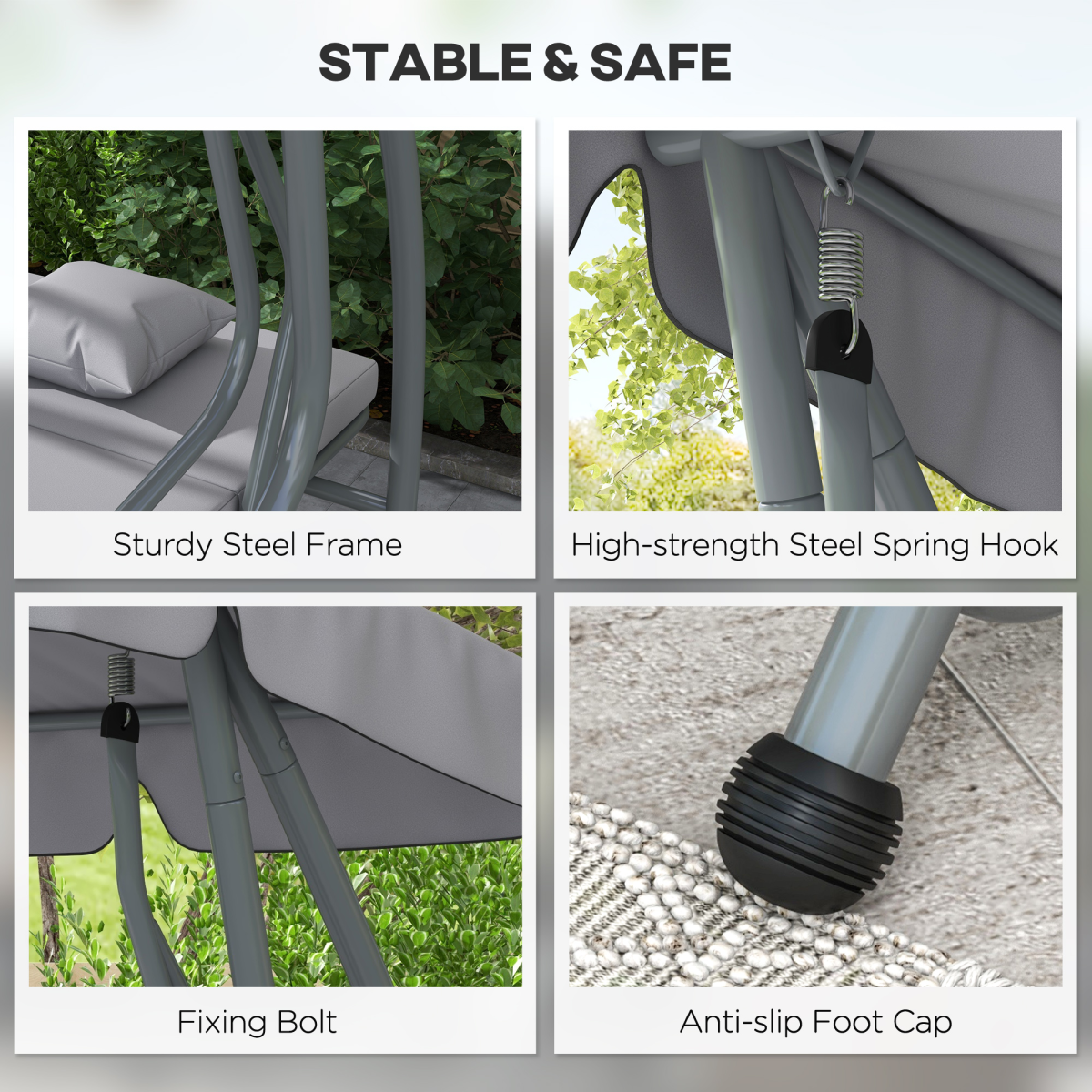 Outsunny 2-in-1 Garden Swing Chair for 3 Person w/ Adjustable Canopy, Grey