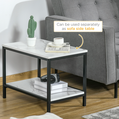 HOMCOM Modern Coffee Table Set of Two  Steel Frame Marble-Effect White, Black