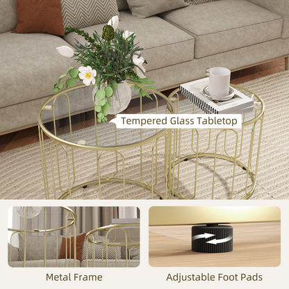 HOMCOM Coffee Table Set of 2, Nest of Tables with Metal Frame, Gold Tone