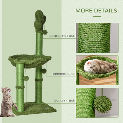 Cactus Cat Tree  for Indoor Cats w/ Scratching Post Hammock Bed Toy Ball - Green