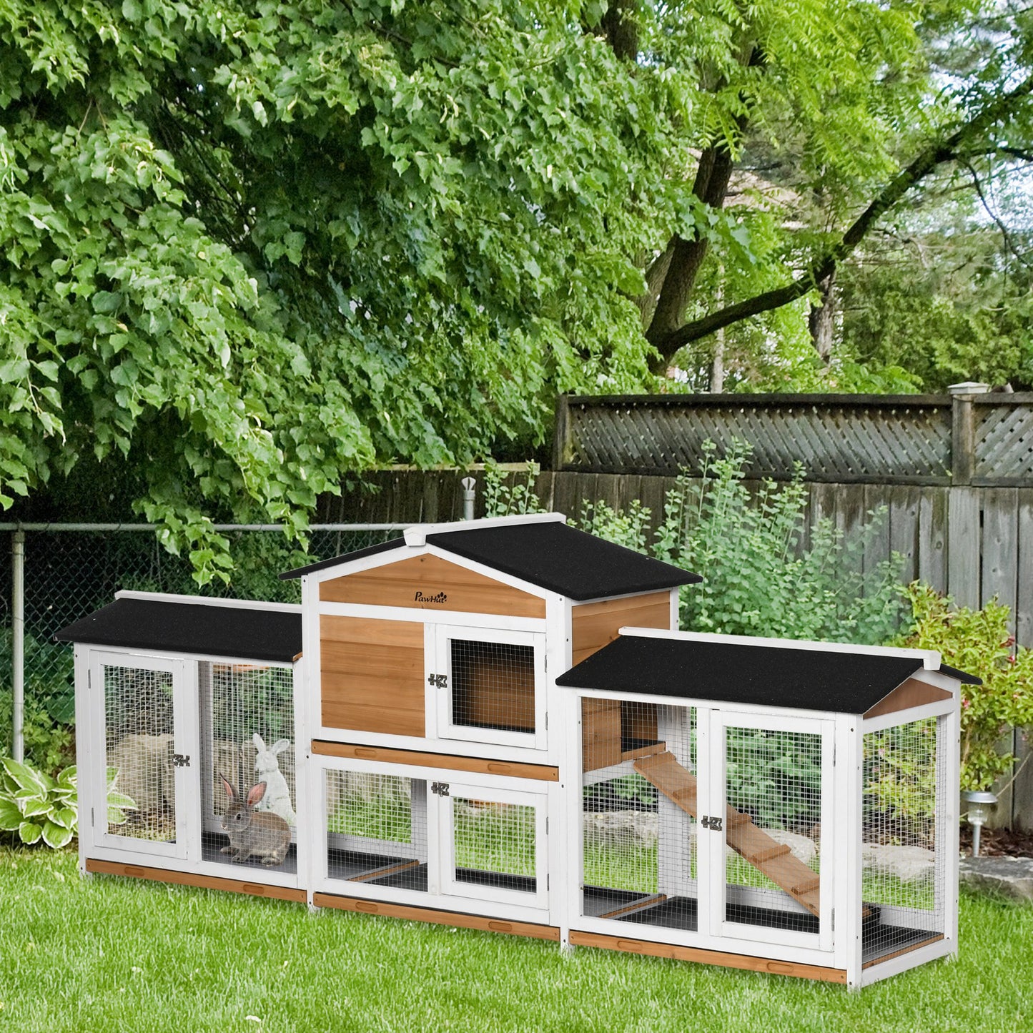 Two-Tier Wooden Rabbit Hutch Guinea Pig Hutch w/ Two Runs, Slide-Out Tray, Ramp