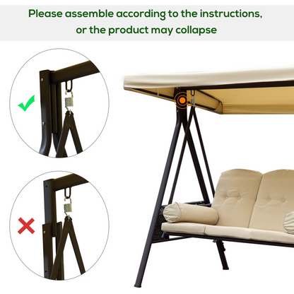 Steel Swing Chair Hammock Garden 3 Seater Canopy Cushion Shelter Beige