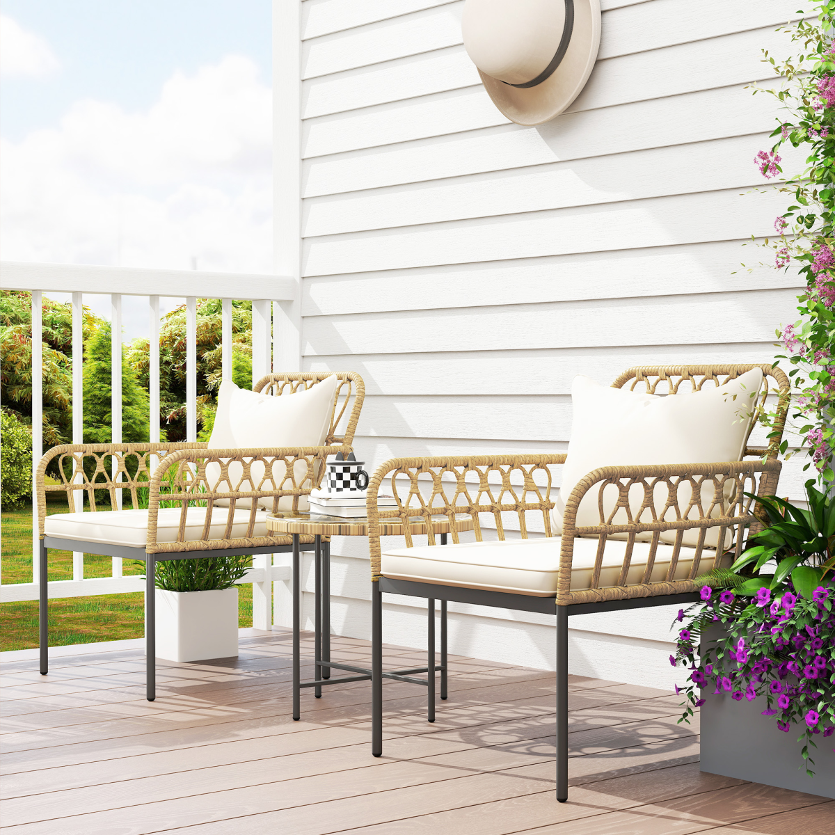 Outsunny 3 Piece Rattan Bistro Set, Balcony Table and Chairs with Cushions