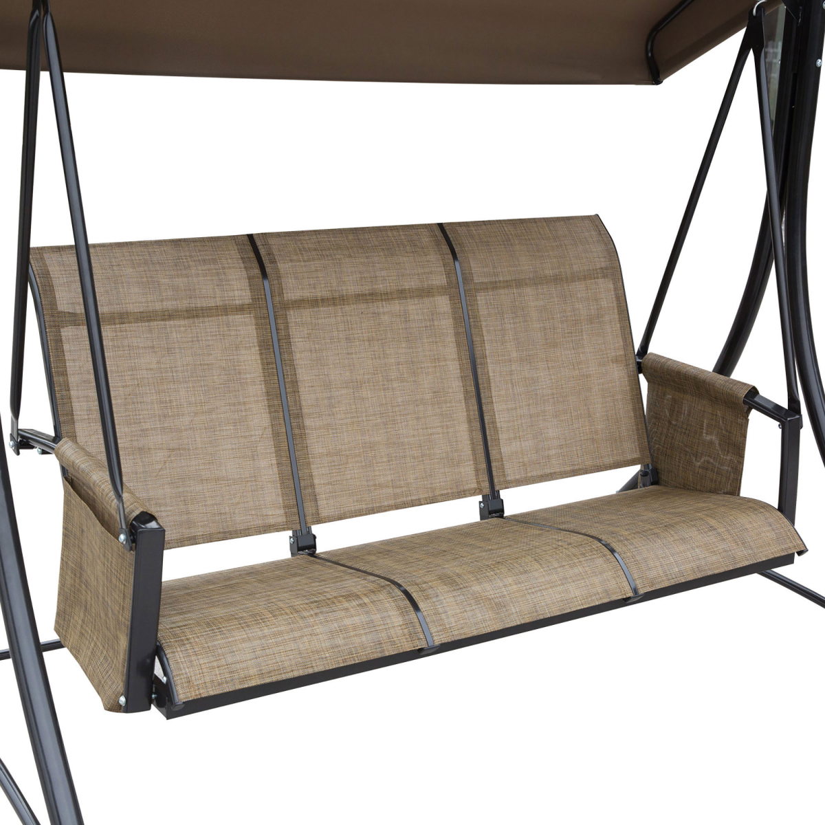 3 Person Swing Chair High Back Design, Side Pouches & Adjustable Canopy, Brown
