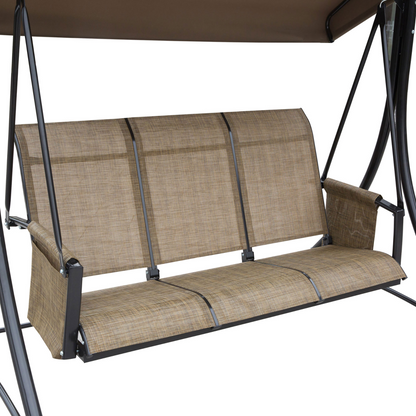 3 Person Swing Chair High Back Design, Side Pouches & Adjustable Canopy, Brown