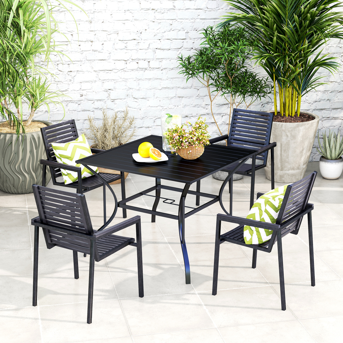 Outsunny Garden Table with Parasol Hole for Four, Slatted Metal Plate Top