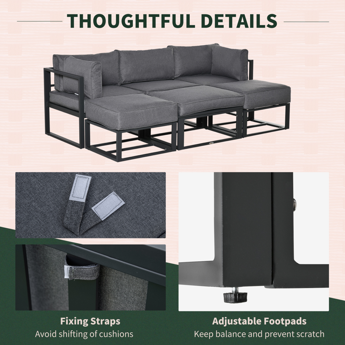 Daybed 6 Piece Sectional Sofa Set, & Coffee Table, Footstool & Cushions, Grey