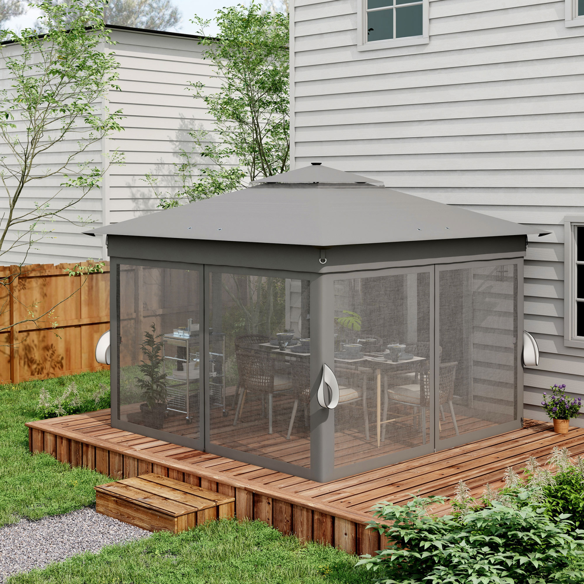 Outsunny 3x3(m) Pop Up Gazebo w/ Solar-Powered LED Lights Curtain Netting Grey