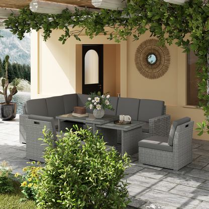 Outsunny 10-Seater Sofa Sectional w/ Cushioned Seat, Footstools and Glass Table