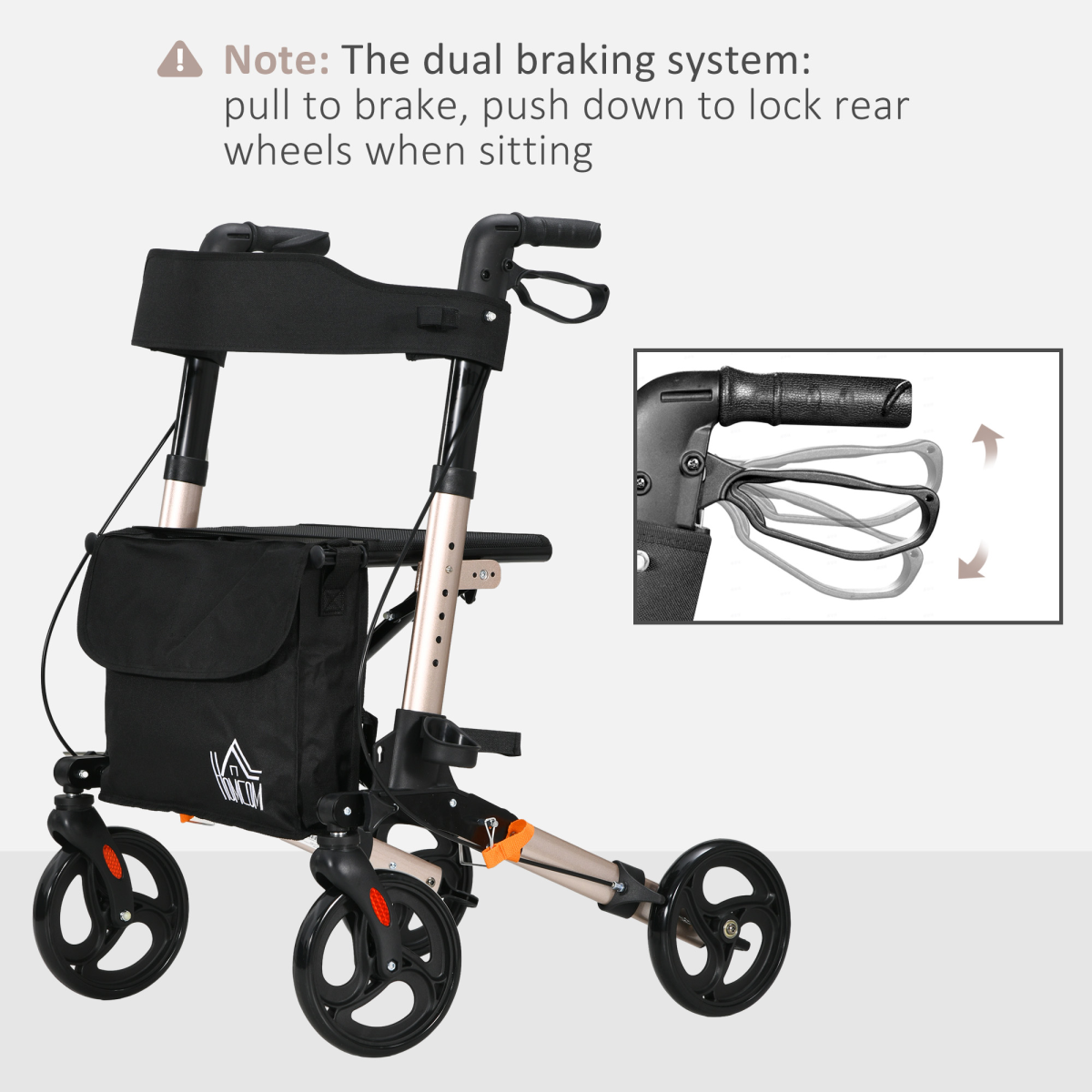 4 Wheel Rollator Walker with Seat Adjustable Mobility Walker with Bag, Gold Tone