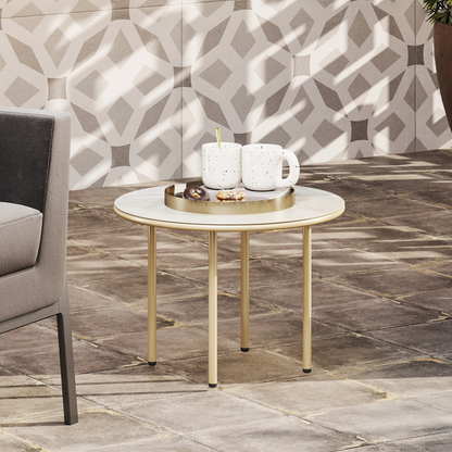 Outsunny Round Small Garden Table with Faux Marble Glass Top, Beige
