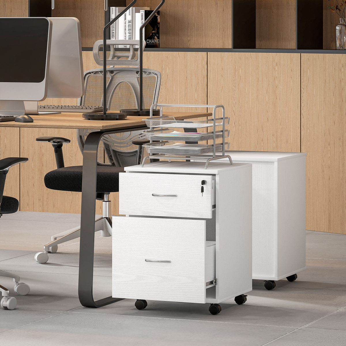 HOMCOM Pedestal Office Mobile Filing Cabinet 2 Drawer White