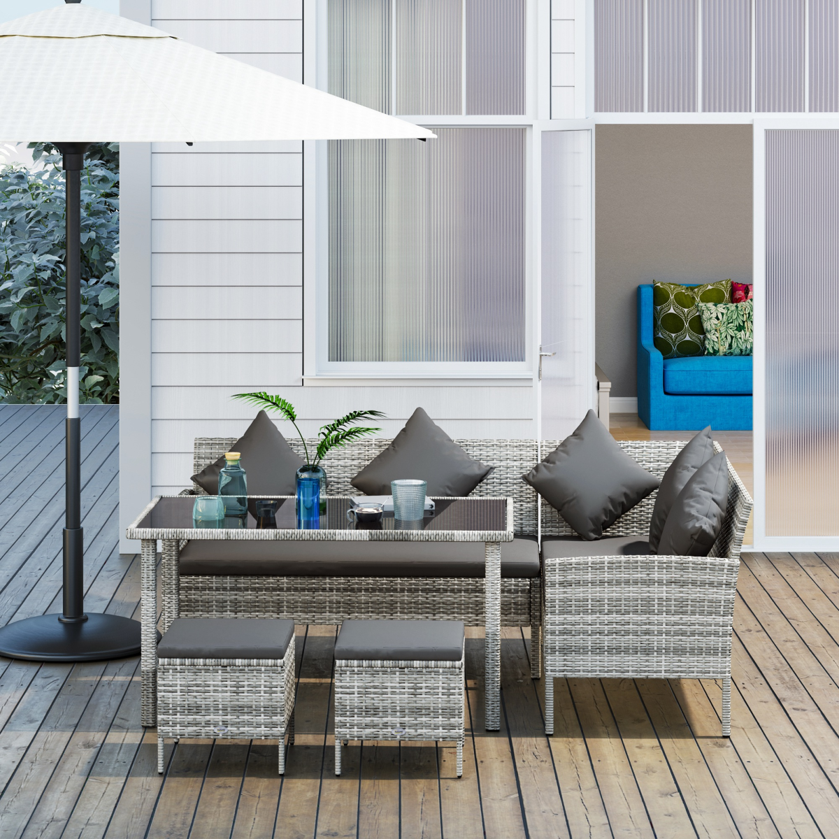 Outsunny 5Pcs Rattan Dining Corner Sofa Set, Garden Furniture Set, Dark Grey