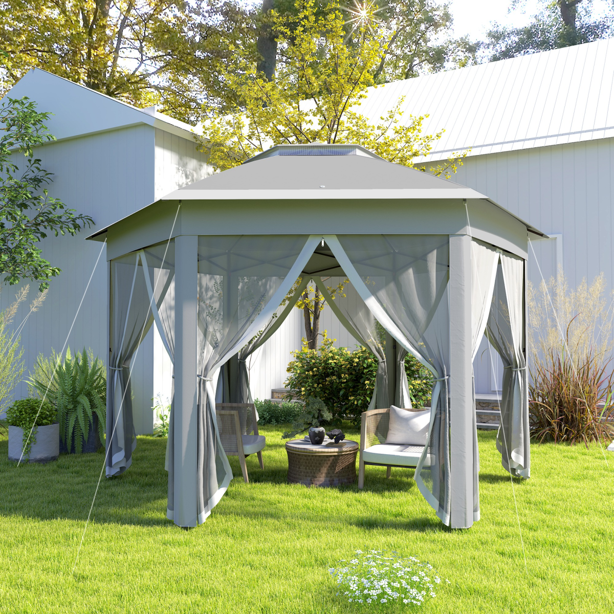 Outsunny 3x4m Hexagon Gazebo w/ Mesh Curtains Outdoor Garden, Dark Grey