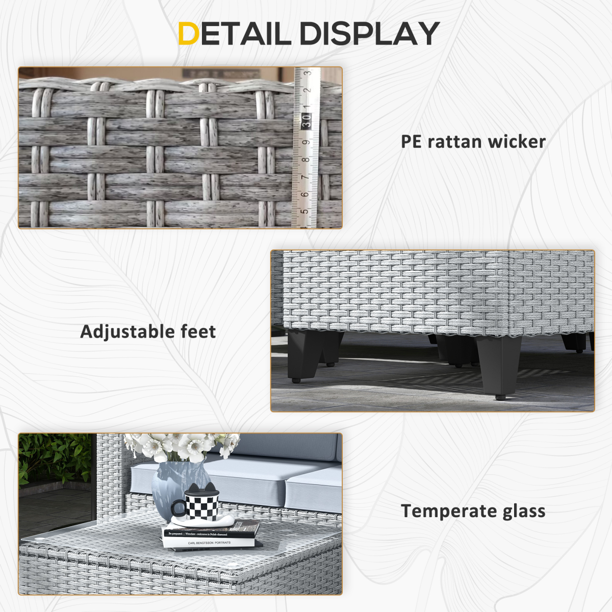 Outsunny 5 PCs Rattan Garden Furniture Set with Glass Coffee Table, Grey