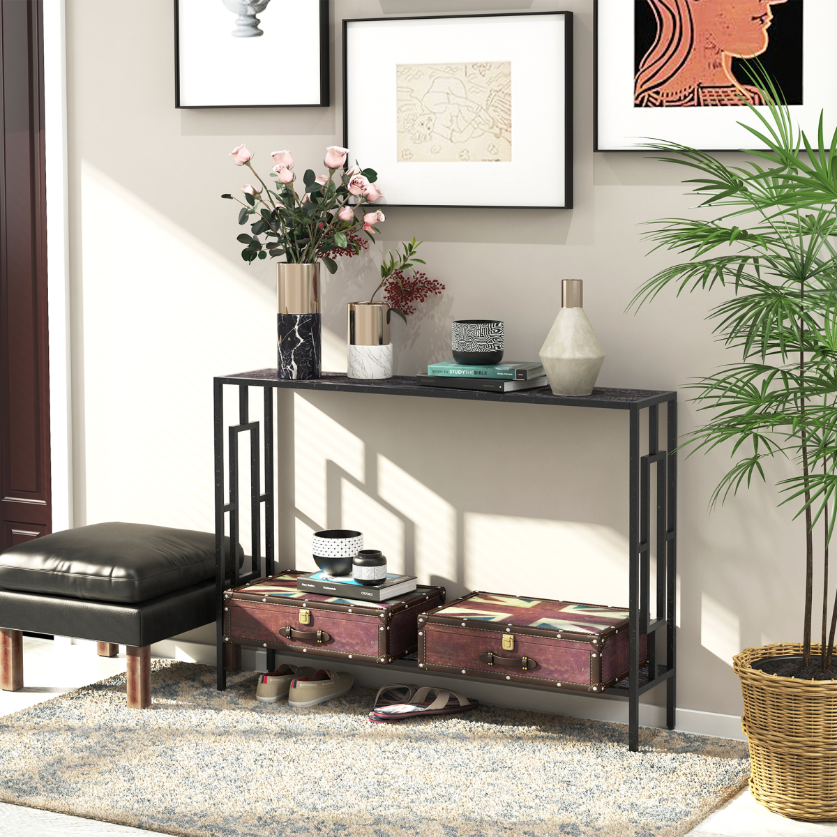 Console Table  2 Shelves MDF Steel Frame in Art Deco Square Style 76x106cm