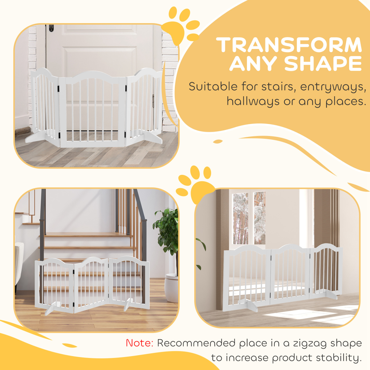 3 Panels Dog Gate w/ Support Feet Fence Safety Barrier Freestanding Wood White