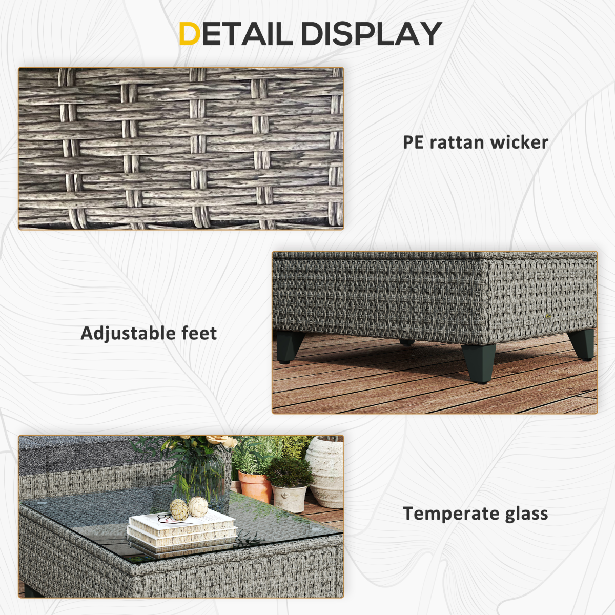 Outsunny 5 PCs Rattan Garden Furniture Set with Glass Coffee Table Dark Grey