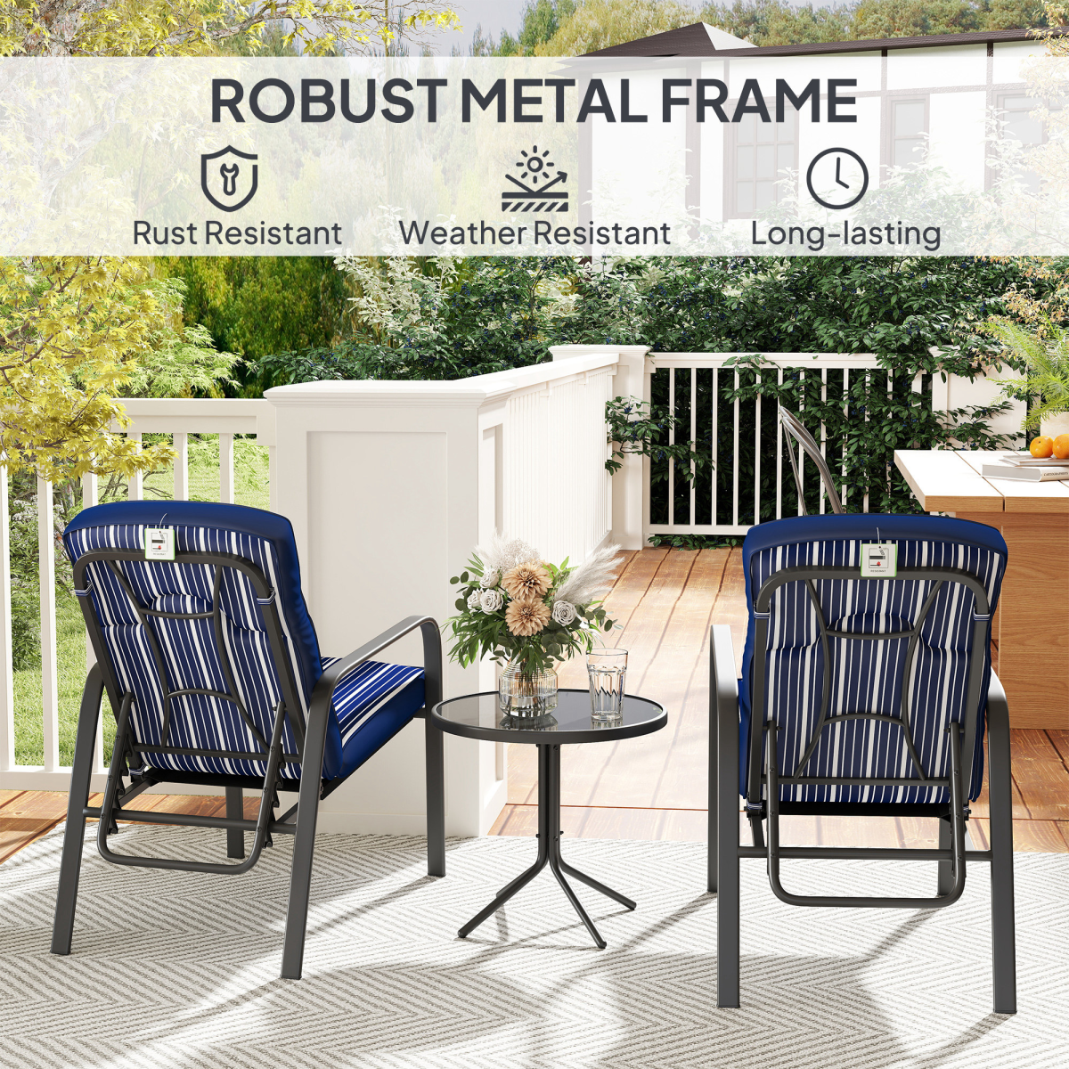 Outsunny 3-Piece Recliner Garden Chairs and Tempered Glass Table Set, Blue