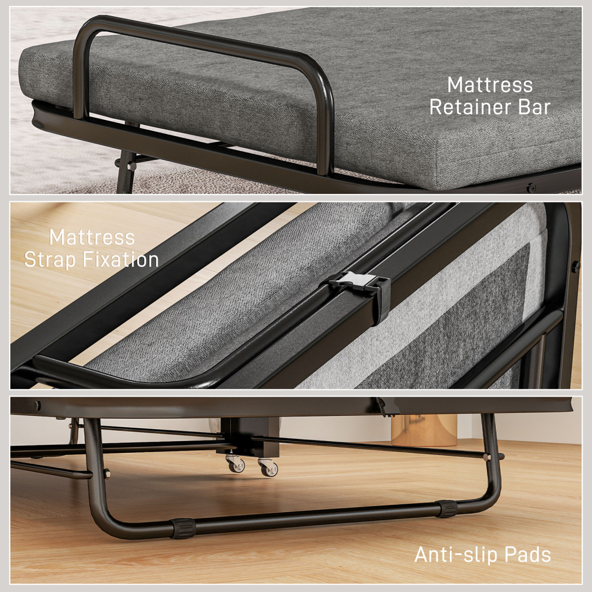 HOMCOM Single Folding Bed with Mattress Foldable Guest Bed on Wheels, Grey