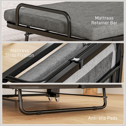 HOMCOM Single Folding Bed with Mattress Foldable Guest Bed on Wheels, Grey