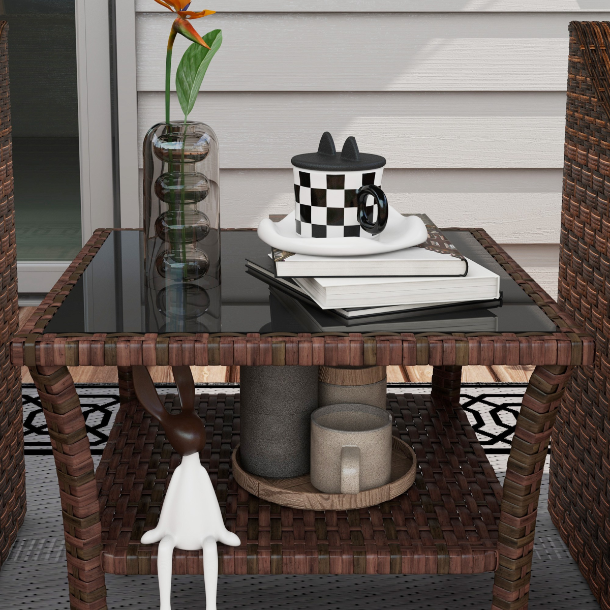 Outsunny PE Rattan Coffee Table, Two-tier Side Table with Glass Top, Brown