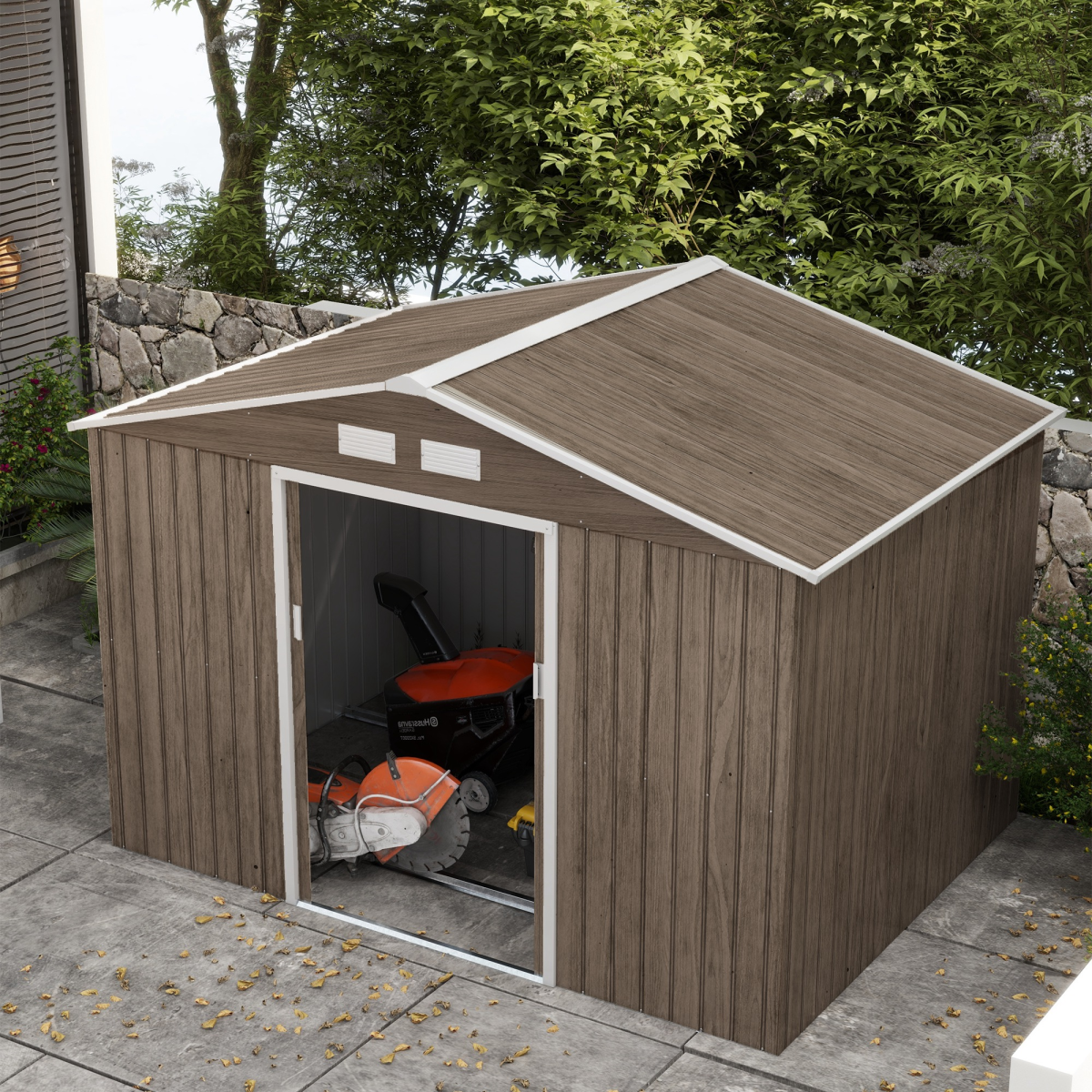 Outsunny Garden Shed with Double Locking Doors, Floor Foundation, Brown